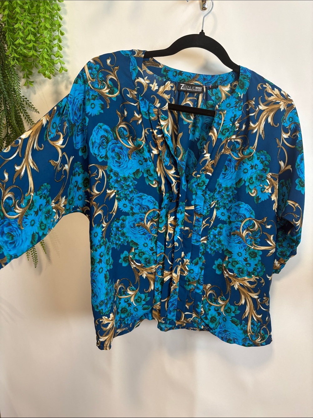 Teal & Gold Floral V-Neck Blouse
